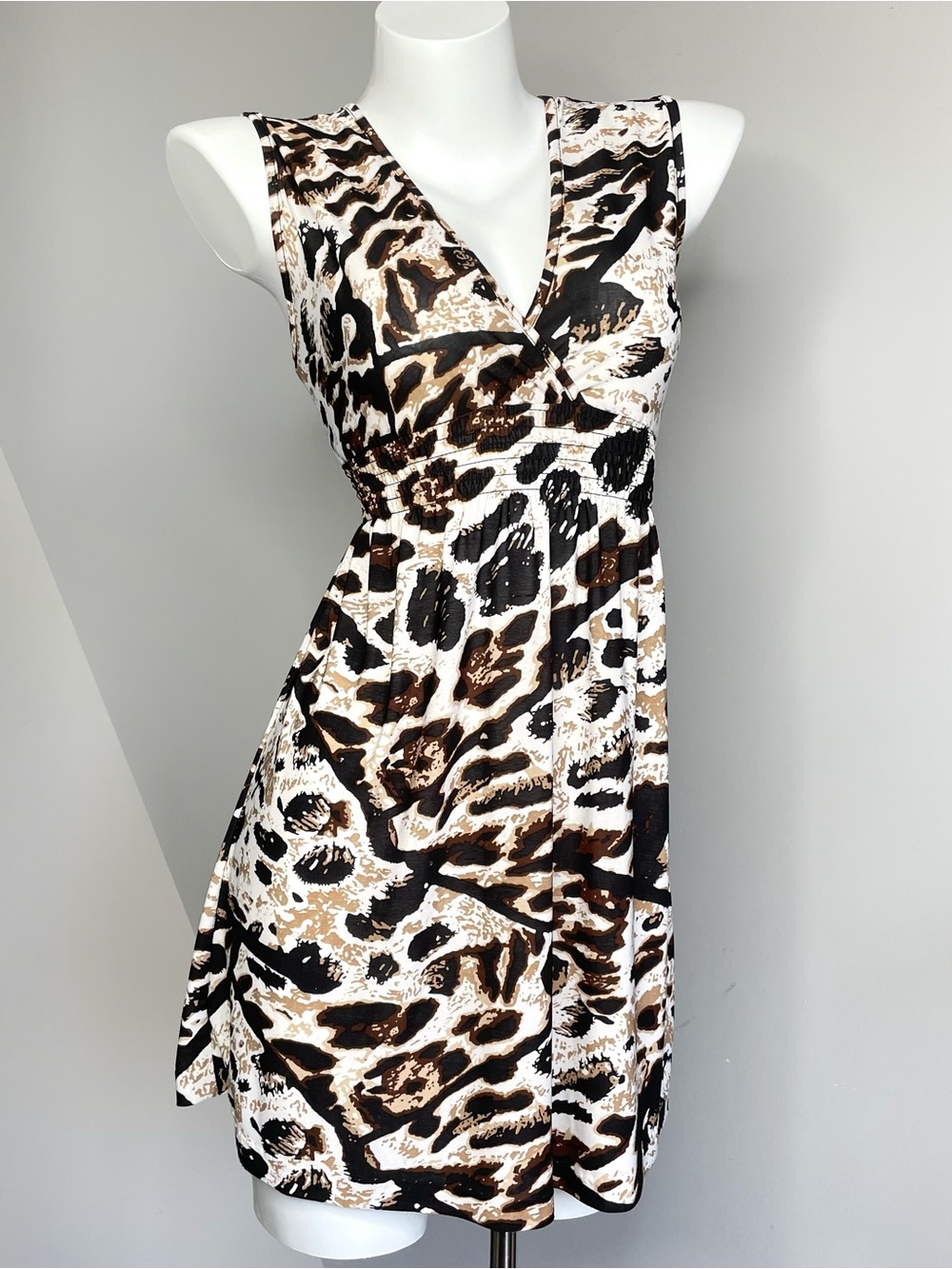 Brown Animal Print Sleeveless V Neck Beachy Summer Mini Dress